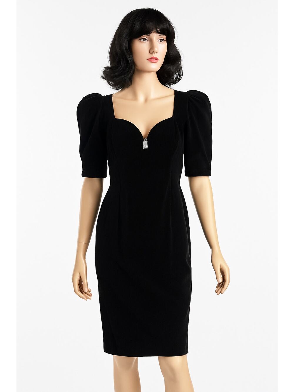 1980s Cachet by Bari Protas Black Velvet Sweetheart puffy sleeve Dress medium